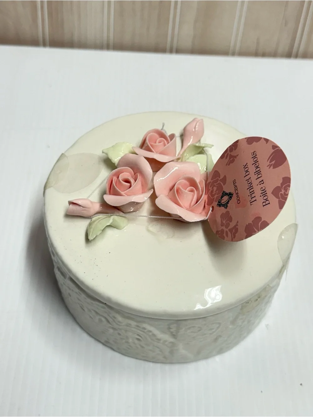 Ceramic Jewelry Trinket Box with Pink Rose Accents